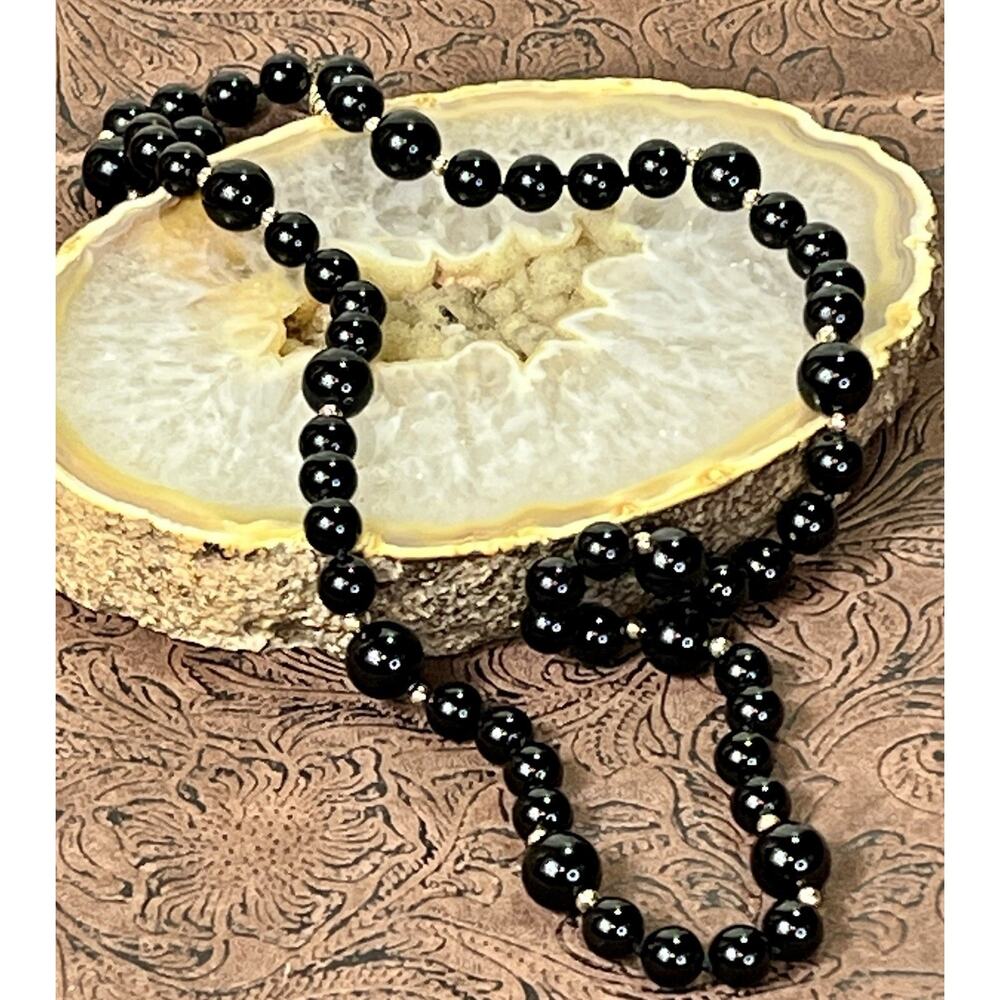 VTG 14K Yellow Gold & Black Onyx Beaded Necklace w/ Gold Spacer Beads 25”- 49.9g